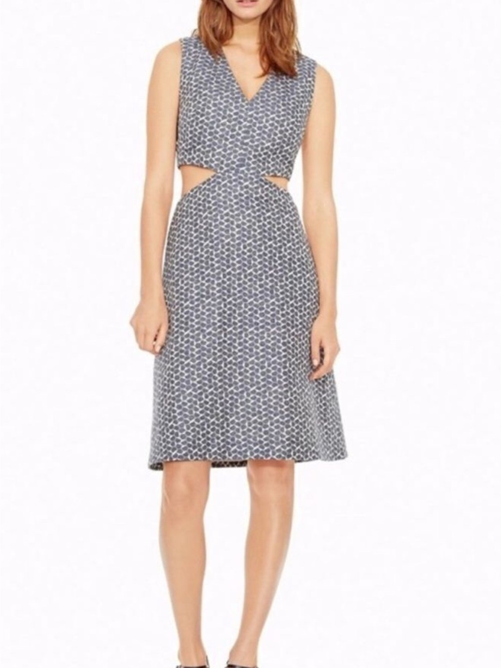 TORY BURCH Sateen Jacquard Blue White Cut Out Sleeveless V-
Neck Linen Dress 10